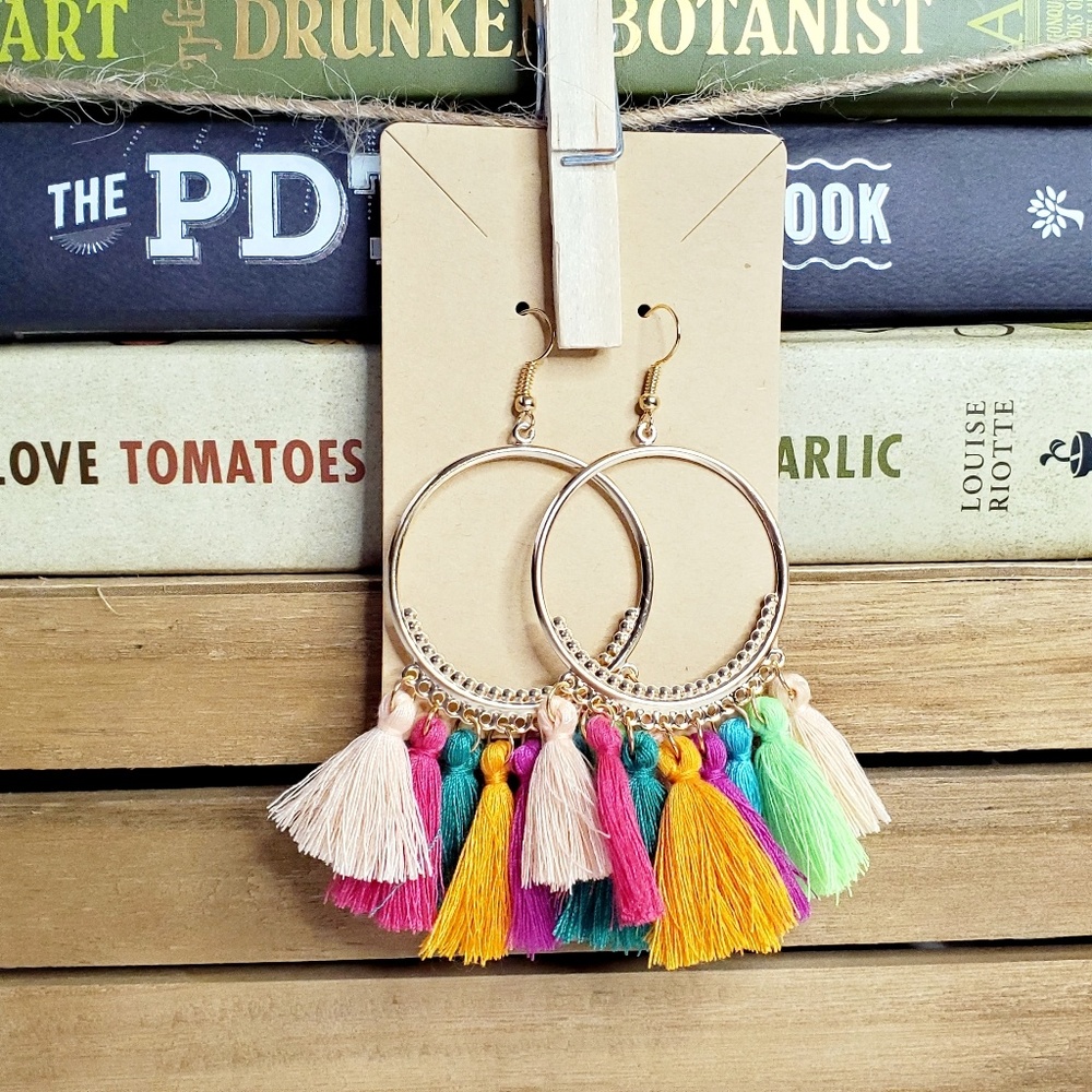 NWT MULTI Color Bohemian Cotton Tassle Hoops Gold